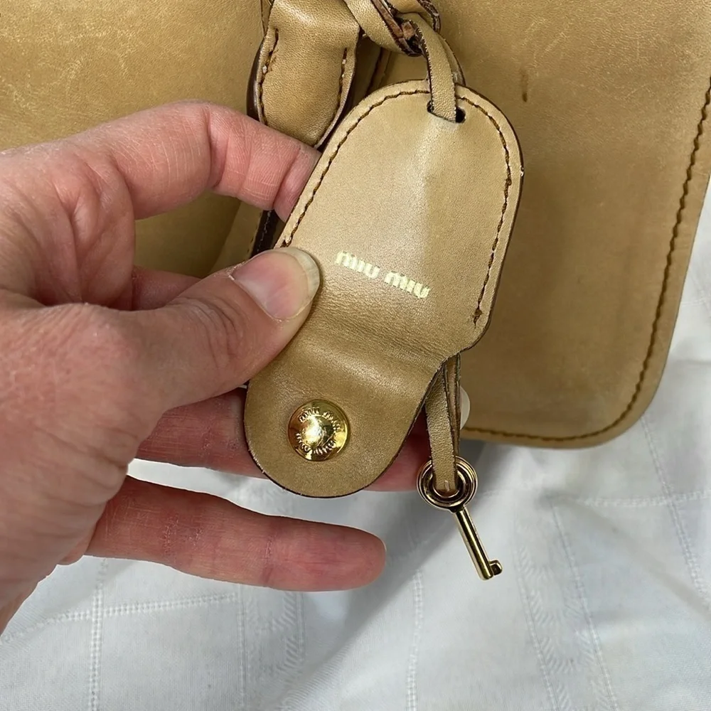 Miu Miu Vitello Leather Flap 2 Way Handbag Satchel Beige